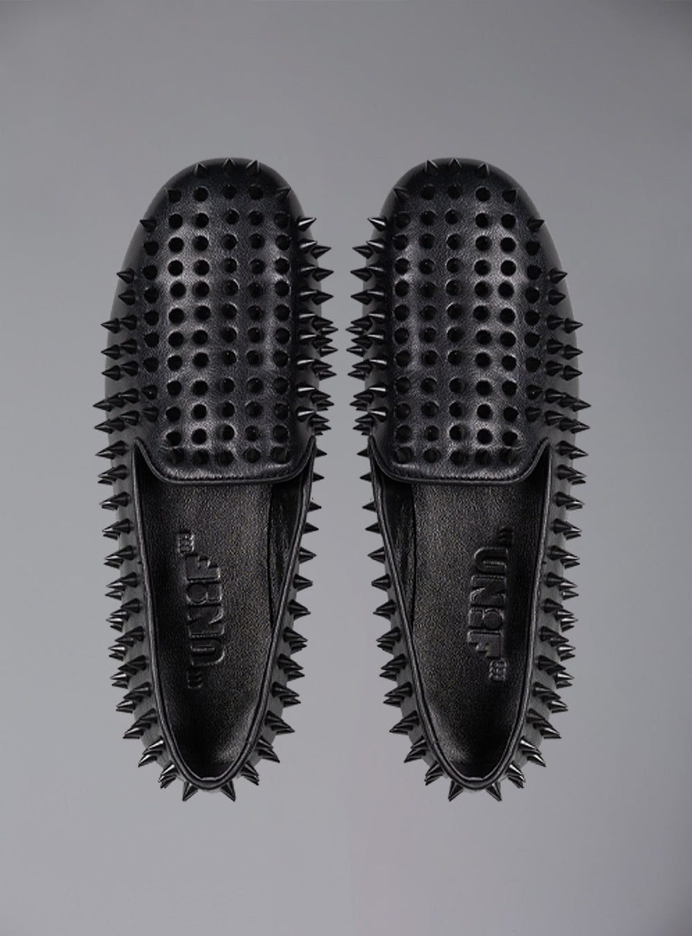 UNIF Hellraiser spiked slip on loafer in tonal on colorway. - Black/Black | UNIF Clothing online