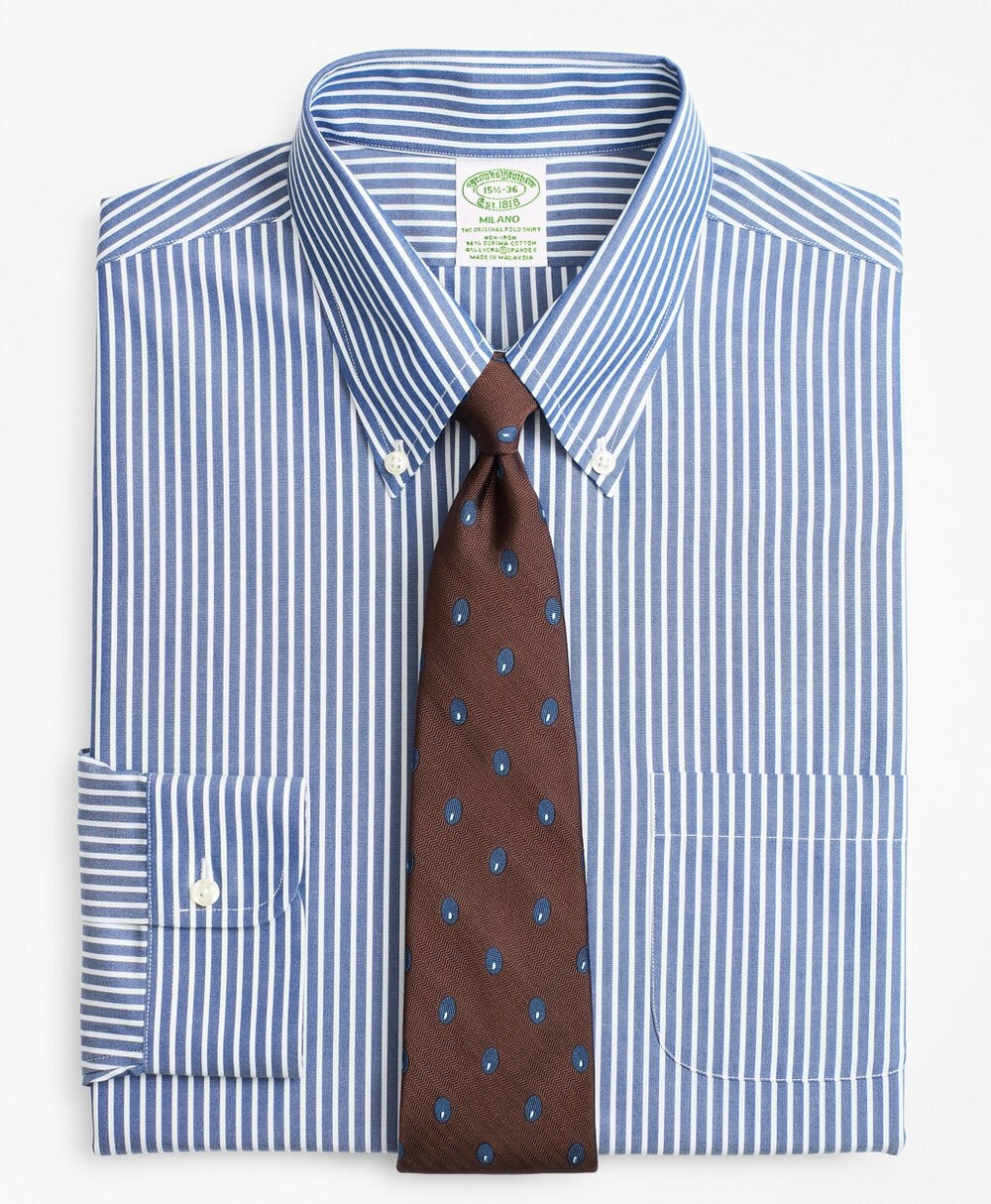 Brooks Brothers Men Stretch Milano Slim-Fit Dress Shirt, Non-Iron Ground Stripe