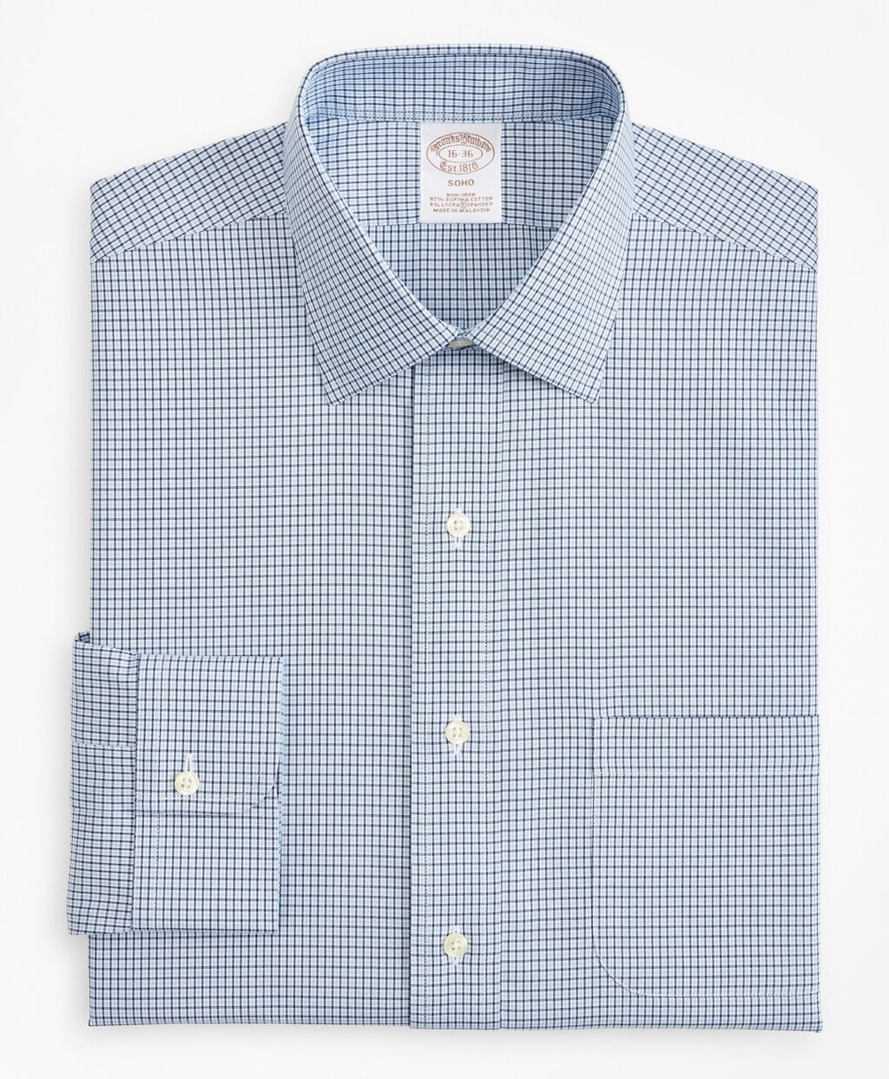 Brooks Brothers Men Stretch Soho Extra-Slim Fit Dress Shirt, Non-Iron Check
