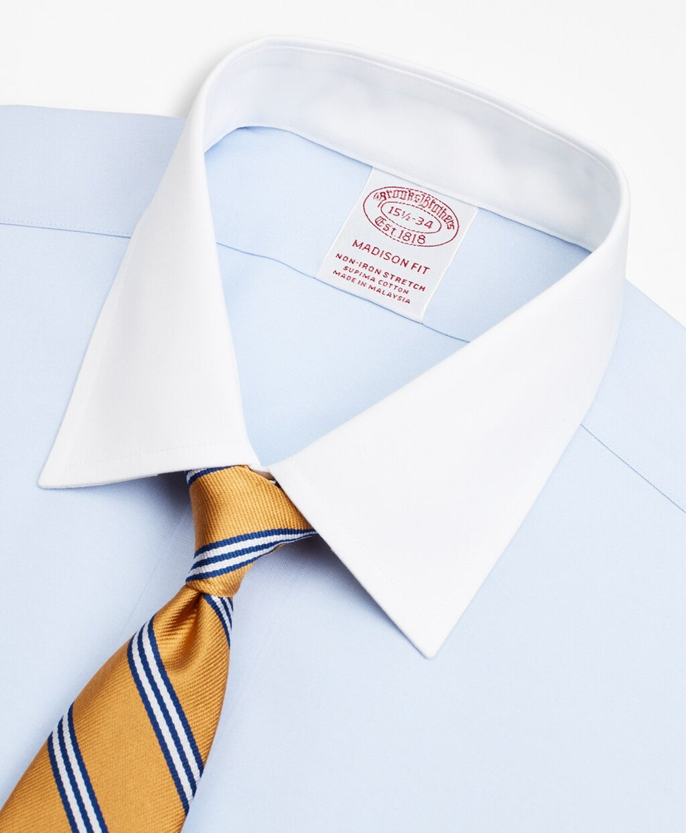 Brooks Brothers Men Stretch Madison Classic-Fit Dress Shirt, Non-Iron Pinpoint Contrast Ainsley Collar French Cuff