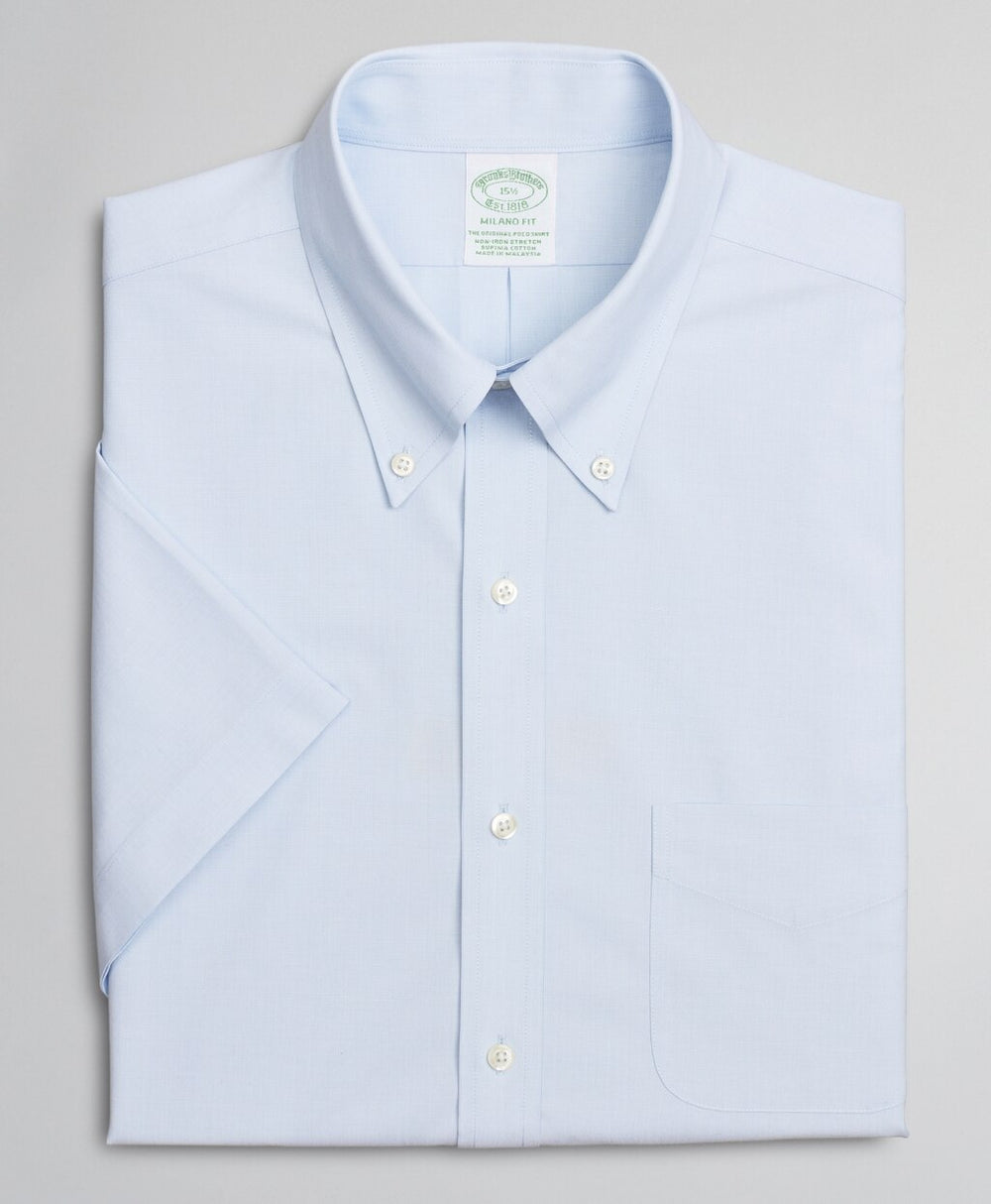 Brooks Brothers Men Stretch Milano Slim-Fit Dress Shirt, Non-Iron Poplin  End-on-End Short-Sleeve