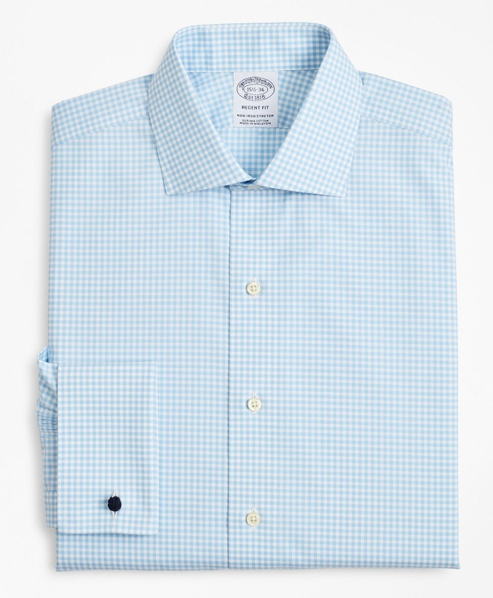 Brooks Brothers Men Stretch Regent Fitted Dress Shirt, Non-Iron Poplin English Collar French Cuff Gingham