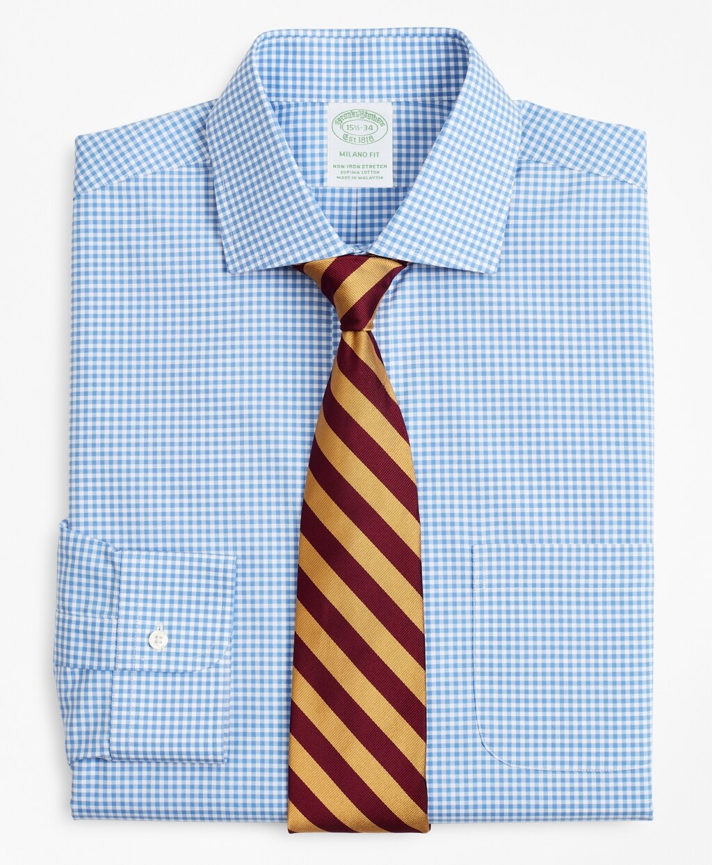 Brooks Brothers Men Stretch Milano Slim-Fit Dress Shirt, Non-Iron Poplin English Collar Gingham