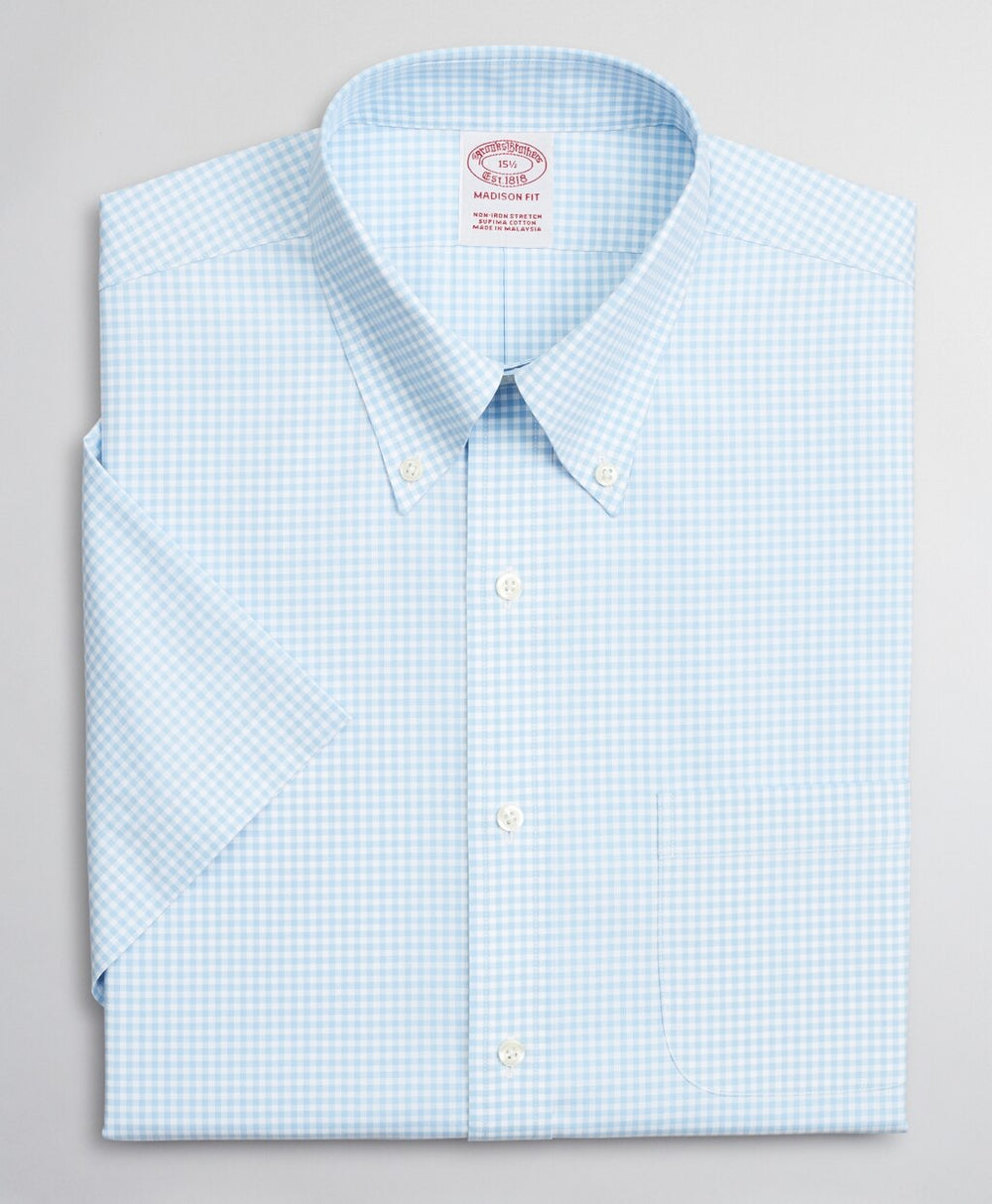 Brooks Brothers Men Stretch Madison Classic-Fit Dress Shirt, Non-Iron Poplin Short-Sleeve Gingham