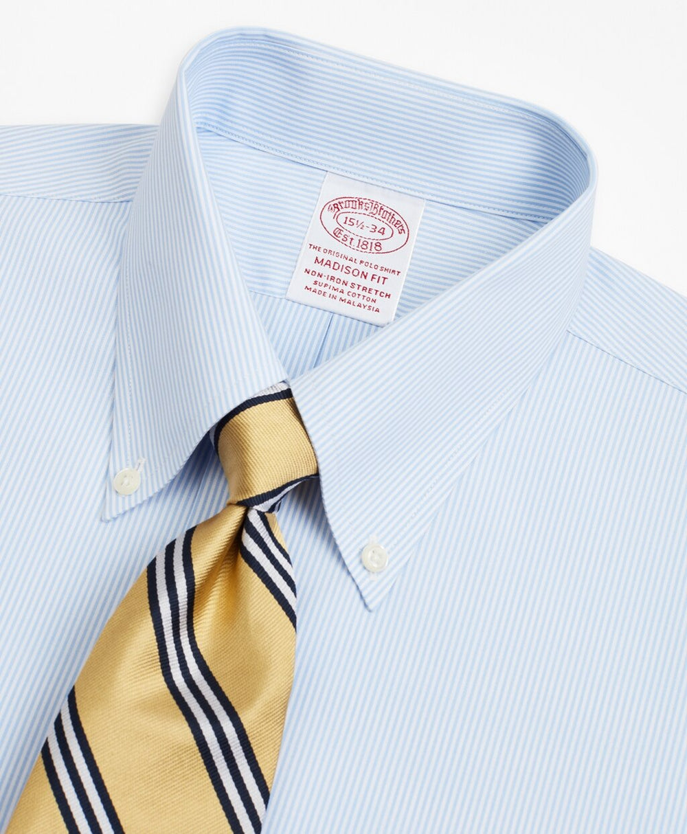 Brooks Brothers Men Stretch Madison Classic-Fit Dress Shirt, Non-Iron Poplin Button-Down Collar Fine Stripe
