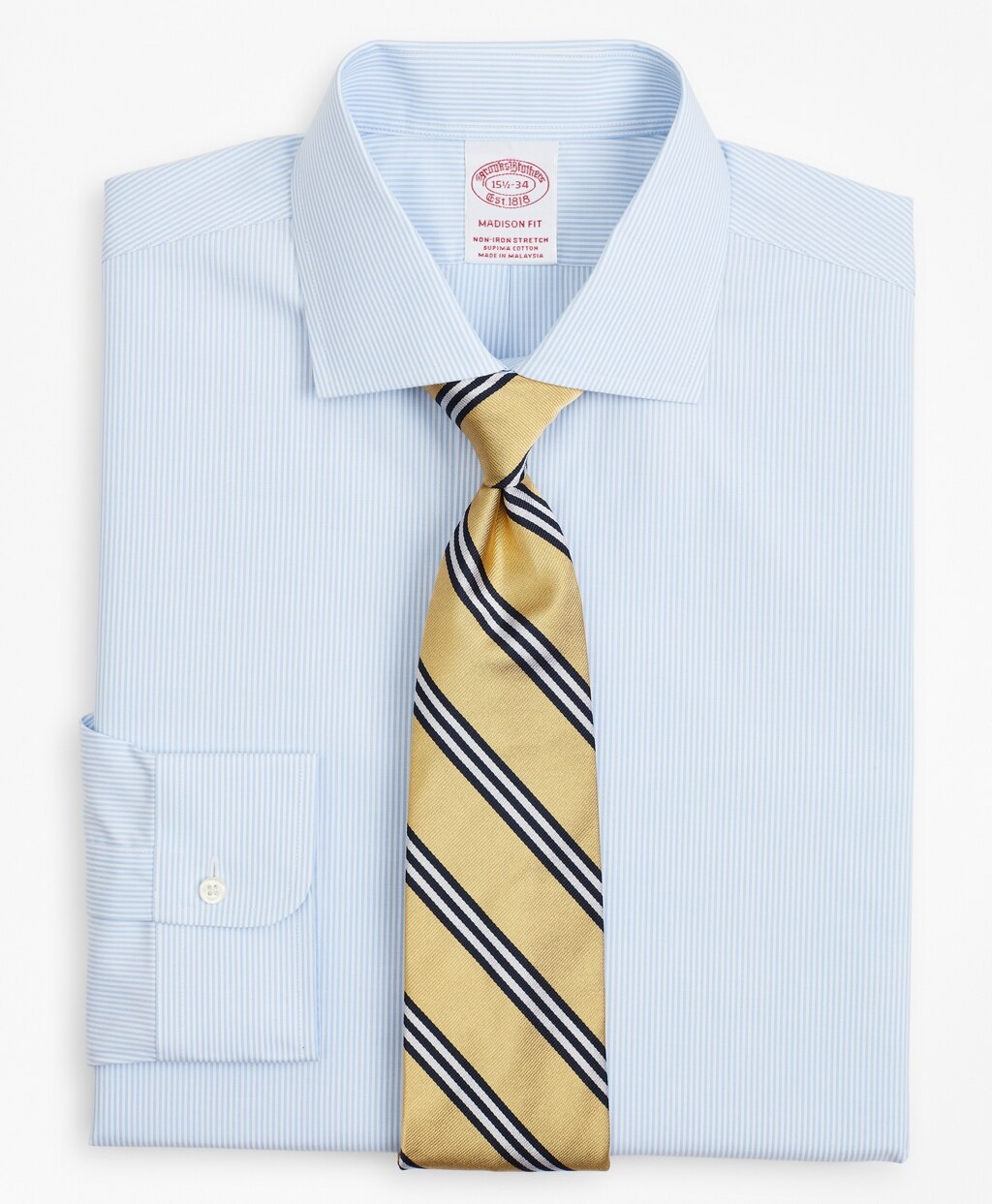 Brooks Brothers Men Stretch Madison Classic-Fit Dress Shirt, Non-Iron Poplin English Collar Fine Stripe