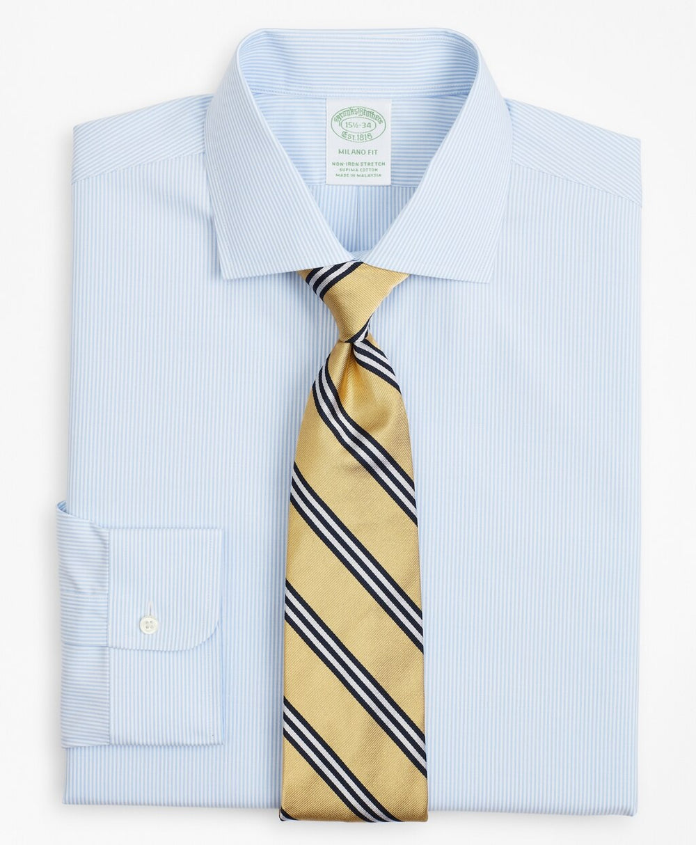 Brooks Brothers Men Stretch Milano Slim-Fit Dress Shirt, Non-Iron Poplin English Collar Fine Stripe