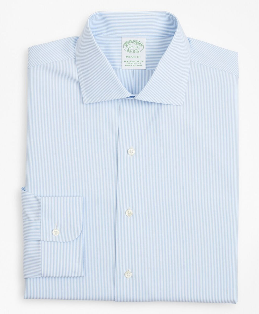 Brooks Brothers Men Stretch Milano Slim-Fit Dress Shirt, Non-Iron Poplin English Collar Fine Stripe