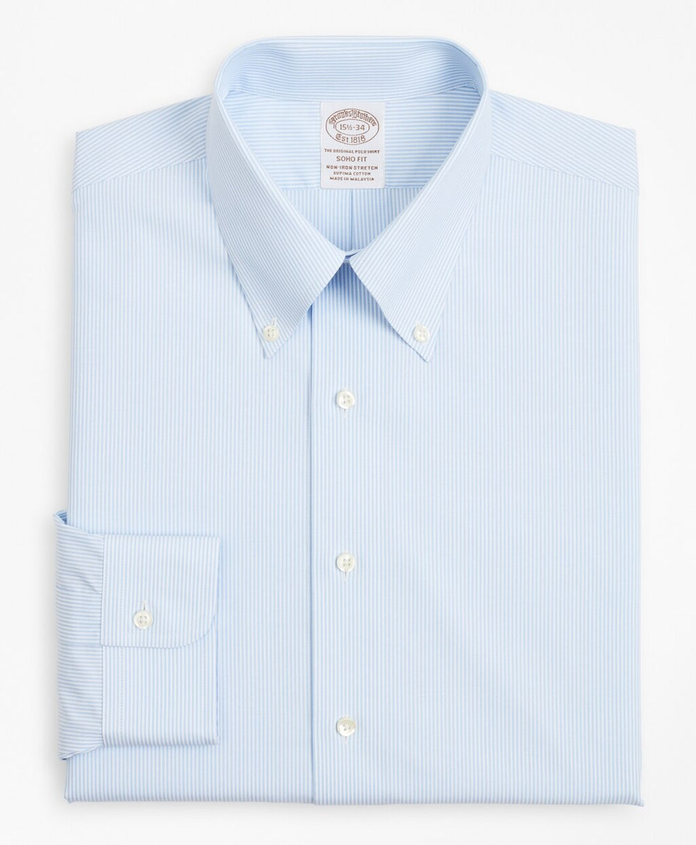Brooks Brothers Men Stretch Soho Extra-Slim-Fit Dress Shirt, Non-Iron Poplin Button-Down Collar Fine Stripe