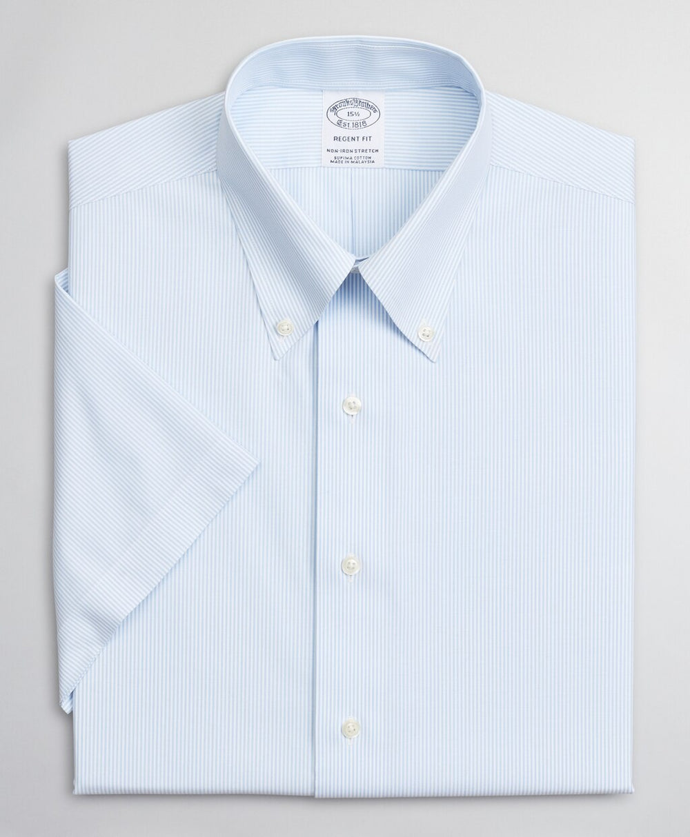 Brooks Brothers Men Stretch Regent Fitted Dress Shirt, Non-Iron Poplin Short-Sleeve Fine Stripe