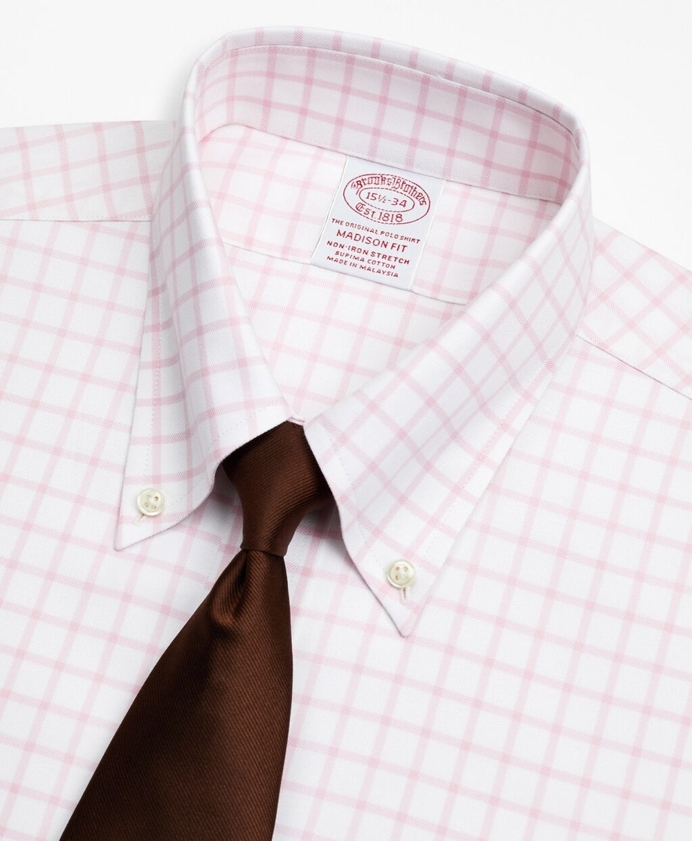 Brooks Brothers Men Stretch Madison Classic-Fit Dress Shirt, Non-Iron Twill Button-Down Collar Grid Check