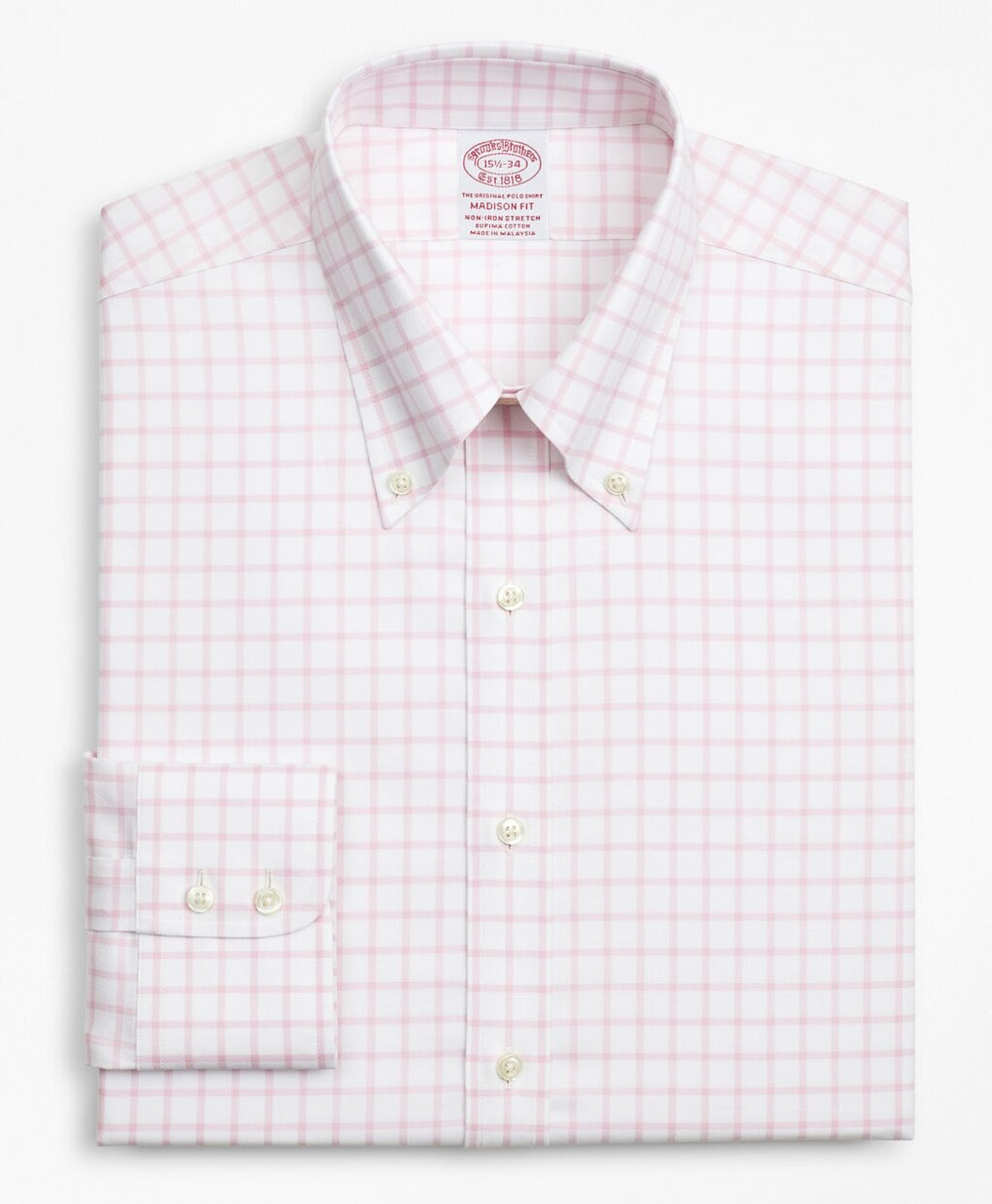 Brooks Brothers Men Stretch Madison Classic-Fit Dress Shirt, Non-Iron Twill Button-Down Collar Grid Check
