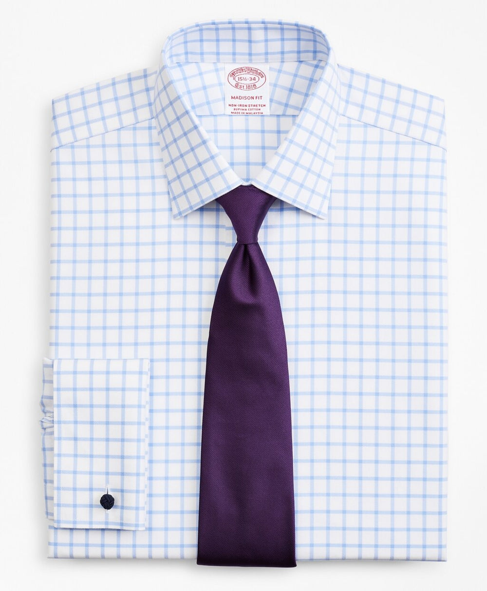Brooks Brothers Men Stretch Madison Classic-Fit Dress Shirt, Non-Iron Twill Ainsley Collar French Cuff  Grid Check