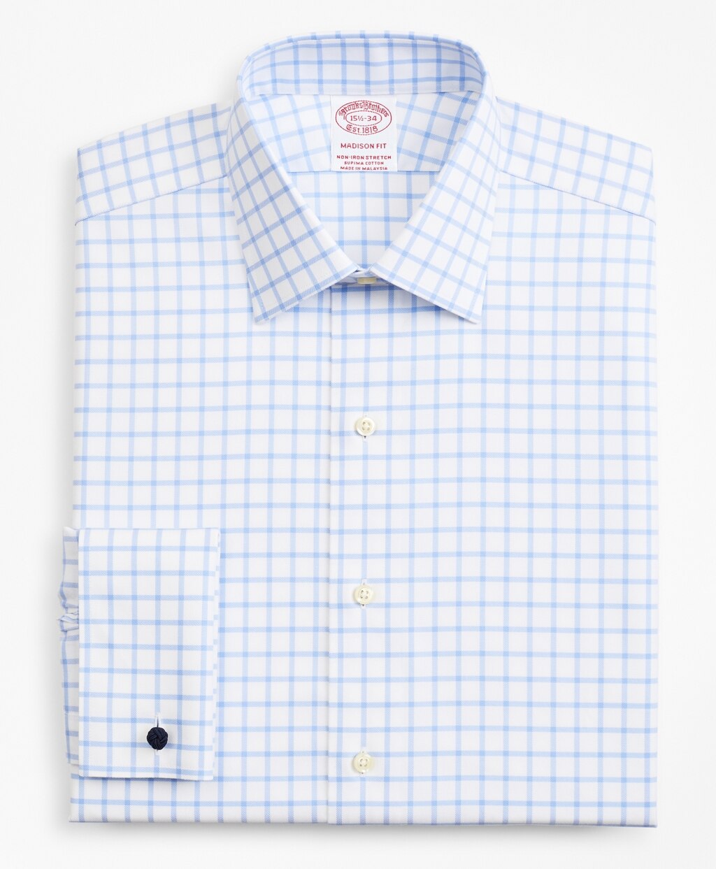 Brooks Brothers Men Stretch Madison Classic-Fit Dress Shirt, Non-Iron Twill Ainsley Collar French Cuff  Grid Check