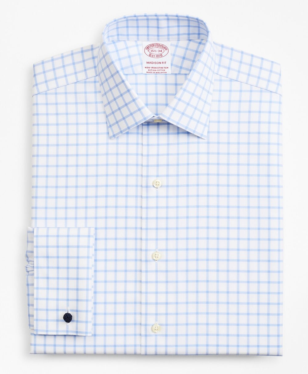 Brooks Brothers Men Stretch Madison Classic-Fit Dress Shirt, Non-Iron Twill Ainsley Collar French Cuff  Grid Check