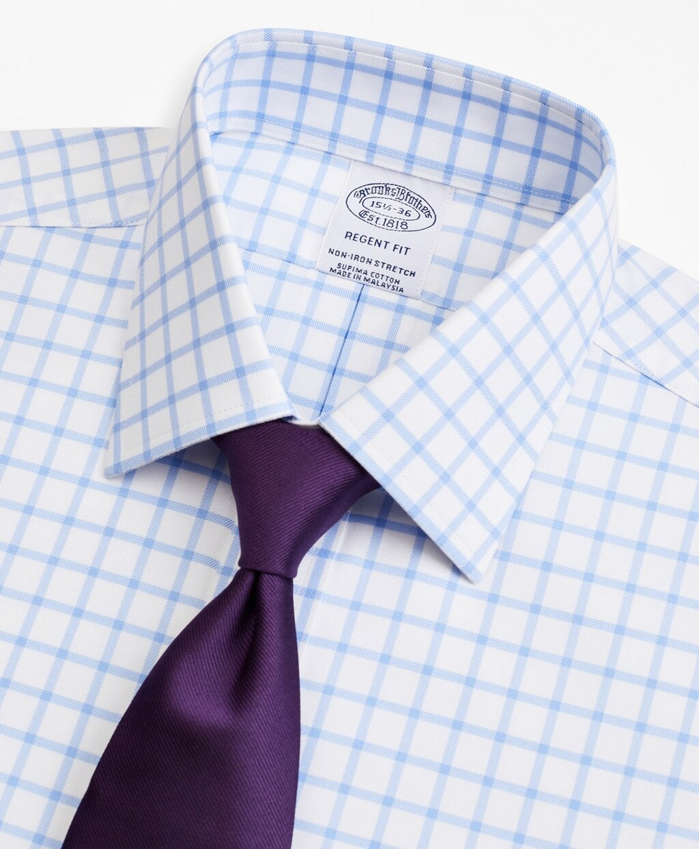 Brooks Brothers Men Stretch Regent Fitted Dress Shirt, Non-Iron Twill Ainsley Collar Grid Check