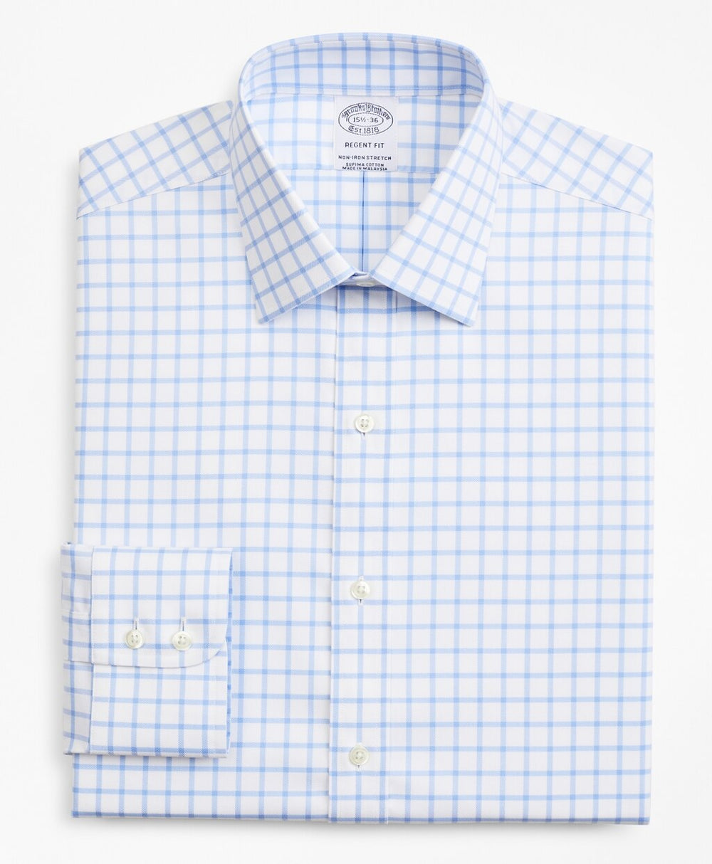 Brooks Brothers Men Stretch Regent Fitted Dress Shirt, Non-Iron Twill Ainsley Collar Grid Check