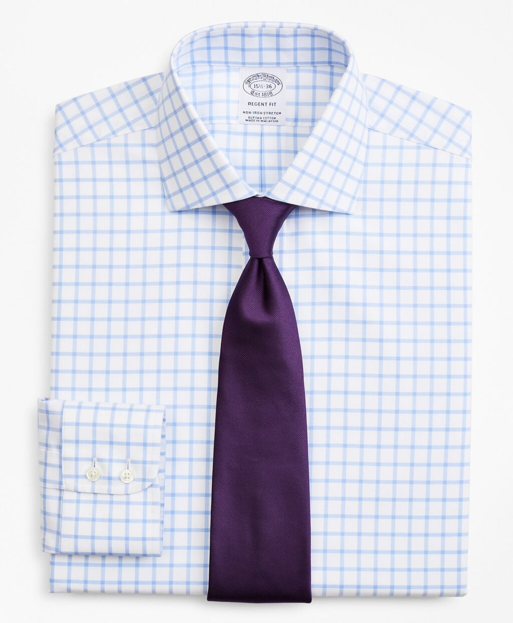 Brooks Brothers Men Stretch Regent Fitted Dress Shirt, Non-Iron Twill English Collar Grid Check