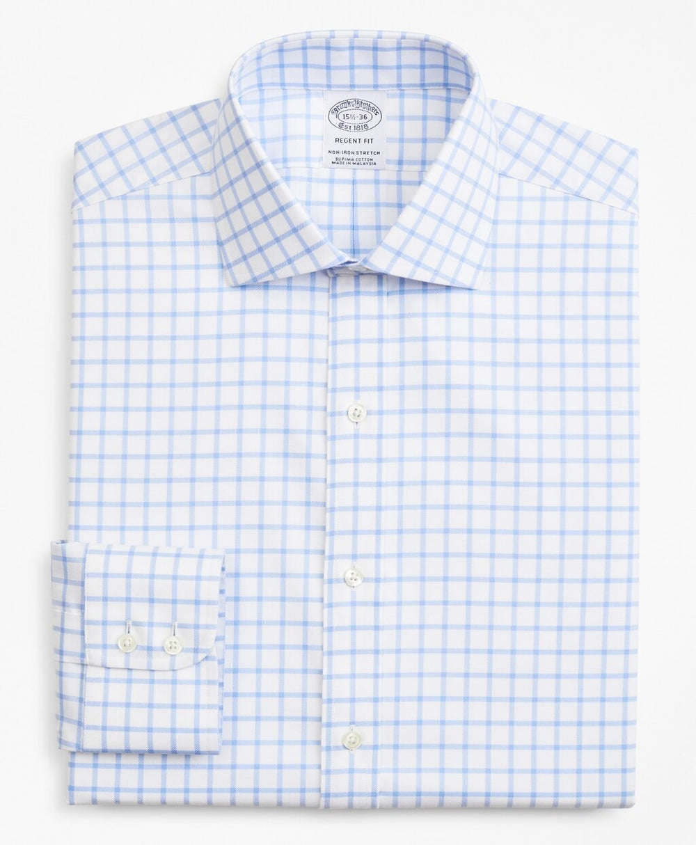 Brooks Brothers Men Stretch Regent Fitted Dress Shirt, Non-Iron Twill English Collar Grid Check