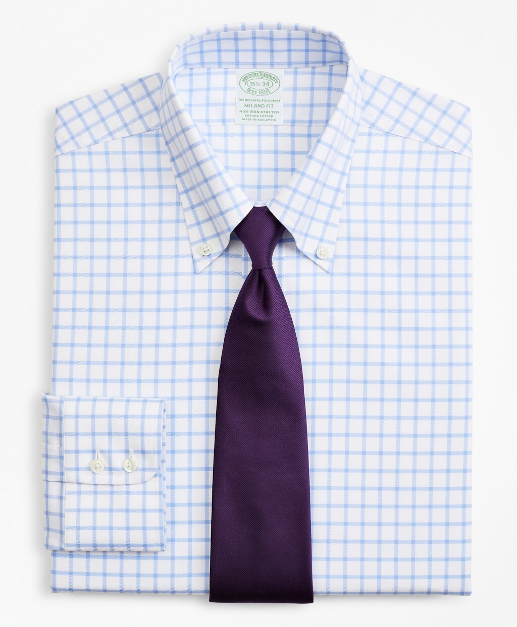 Brooks Brothers Men Stretch Milano Slim-Fit Dress Shirt, Non-Iron Twill Button-Down Collar Grid Check