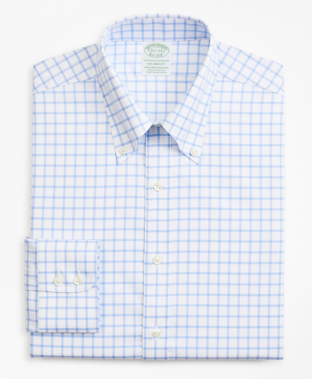 Brooks Brothers Men Stretch Milano Slim-Fit Dress Shirt, Non-Iron Twill Button-Down Collar Grid Check