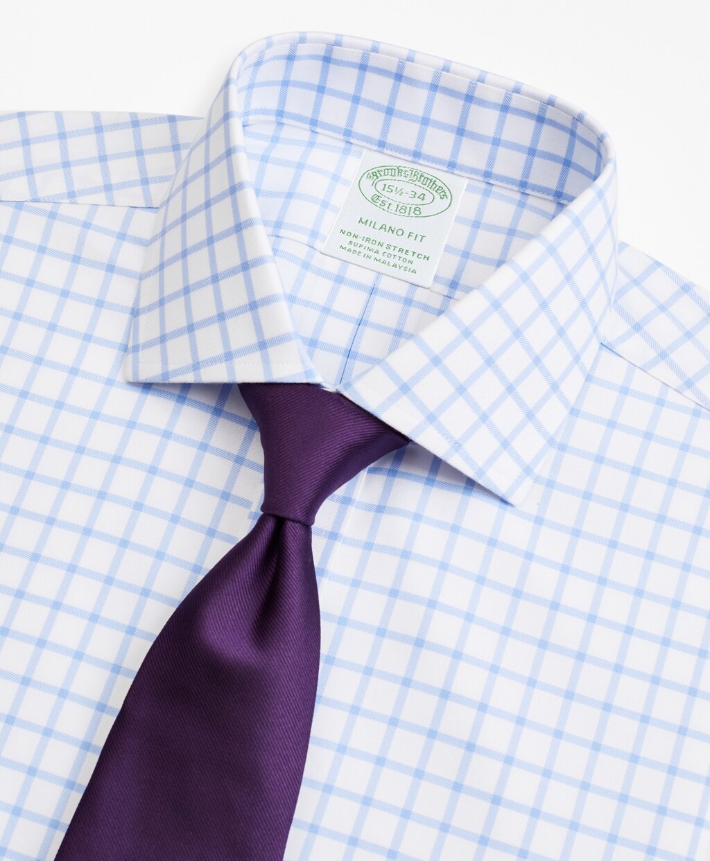 Brooks Brothers Men Stretch Milano Slim-Fit Dress Shirt, Non-Iron Twill English Collar Grid Check