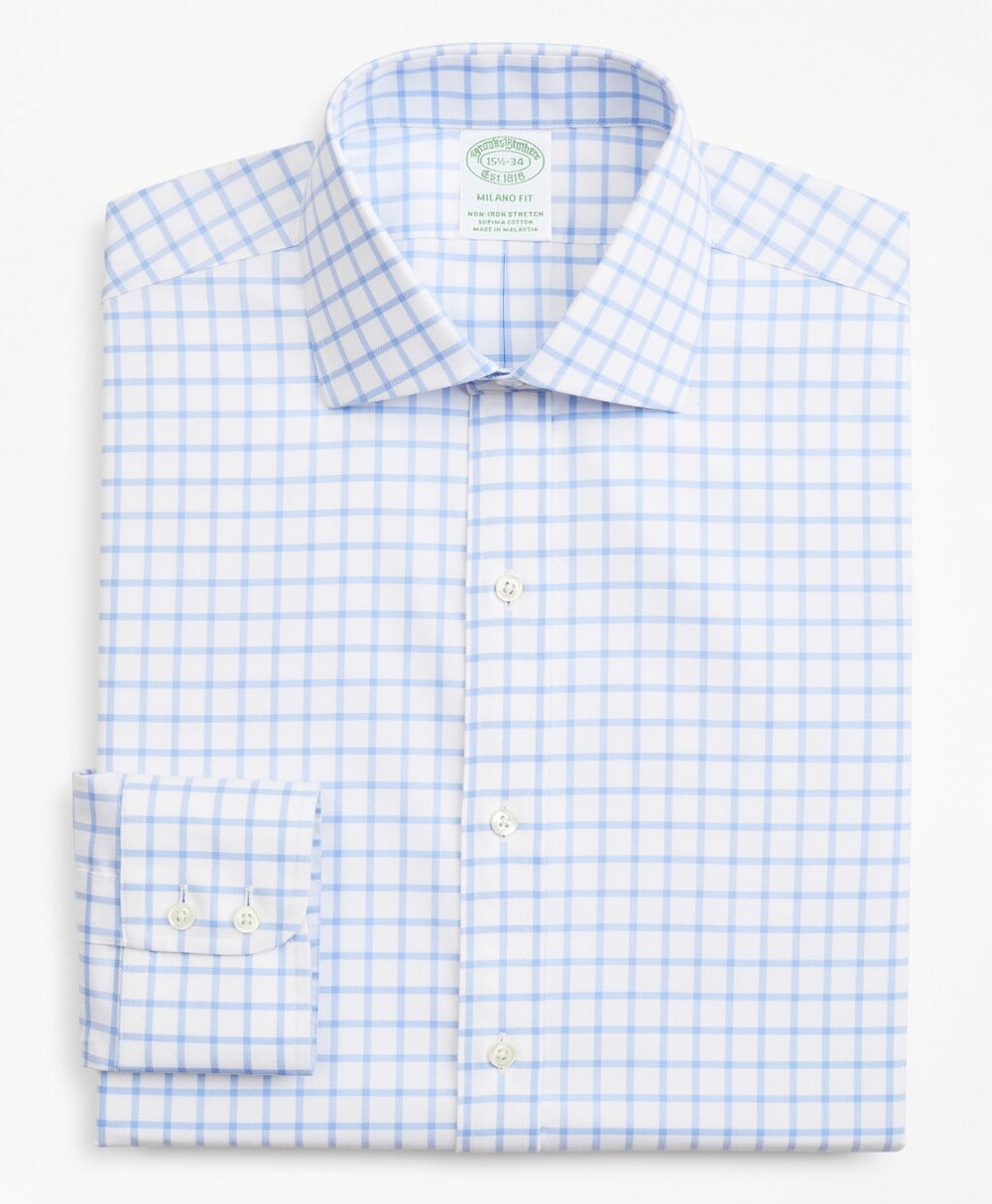Brooks Brothers Men Stretch Milano Slim-Fit Dress Shirt, Non-Iron Twill English Collar Grid Check