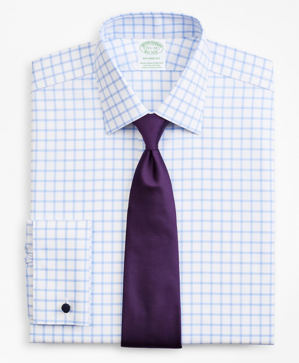 Brooks Brothers Men Stretch Milano Slim-Fit Dress Shirt, Non-Iron Twill Ainsley Collar French Cuff Grid Check