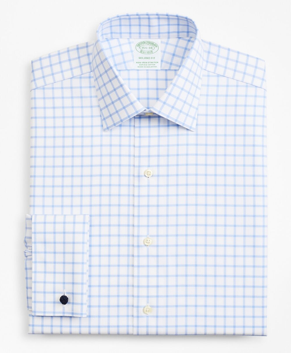 Brooks Brothers Men Stretch Milano Slim-Fit Dress Shirt, Non-Iron Twill Ainsley Collar French Cuff Grid Check