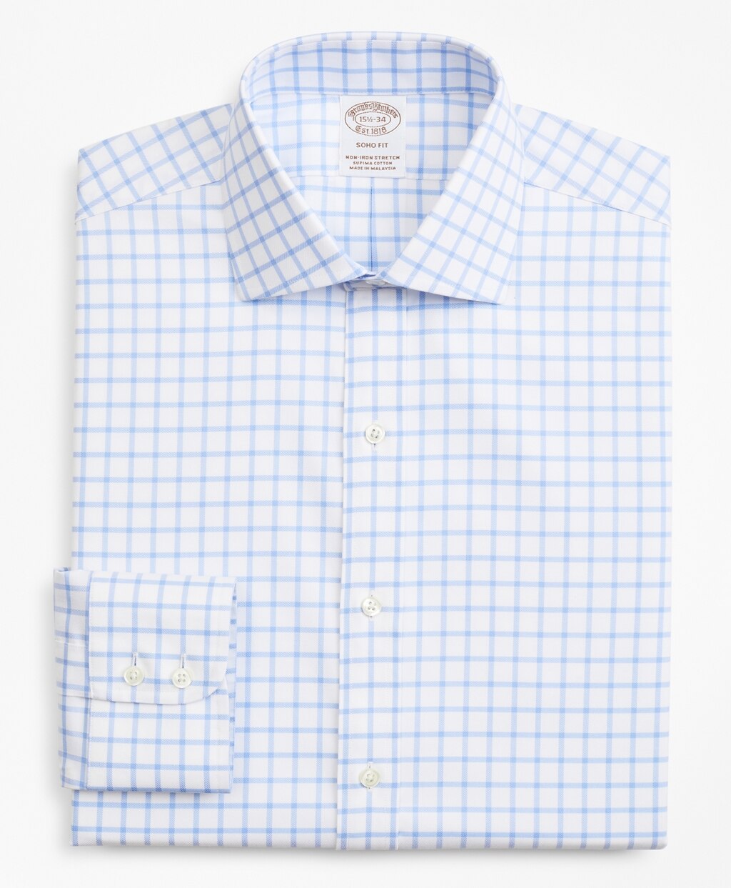 Brooks Brothers Men Stretch Soho Extra-Slim-Fit Dress Shirt, Non-Iron Twill English Collar Grid Check