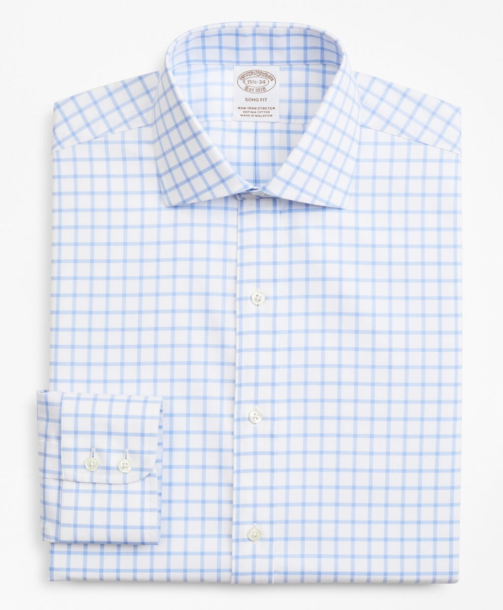 Brooks Brothers Men Stretch Soho Extra-Slim-Fit Dress Shirt, Non-Iron Twill English Collar Grid Check