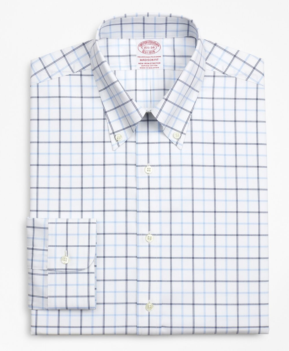 Brooks Brothers Men Stretch Madison Classic-Fit Dress Shirt, Non-Iron Poplin Button-Down Collar Double-Grid Check