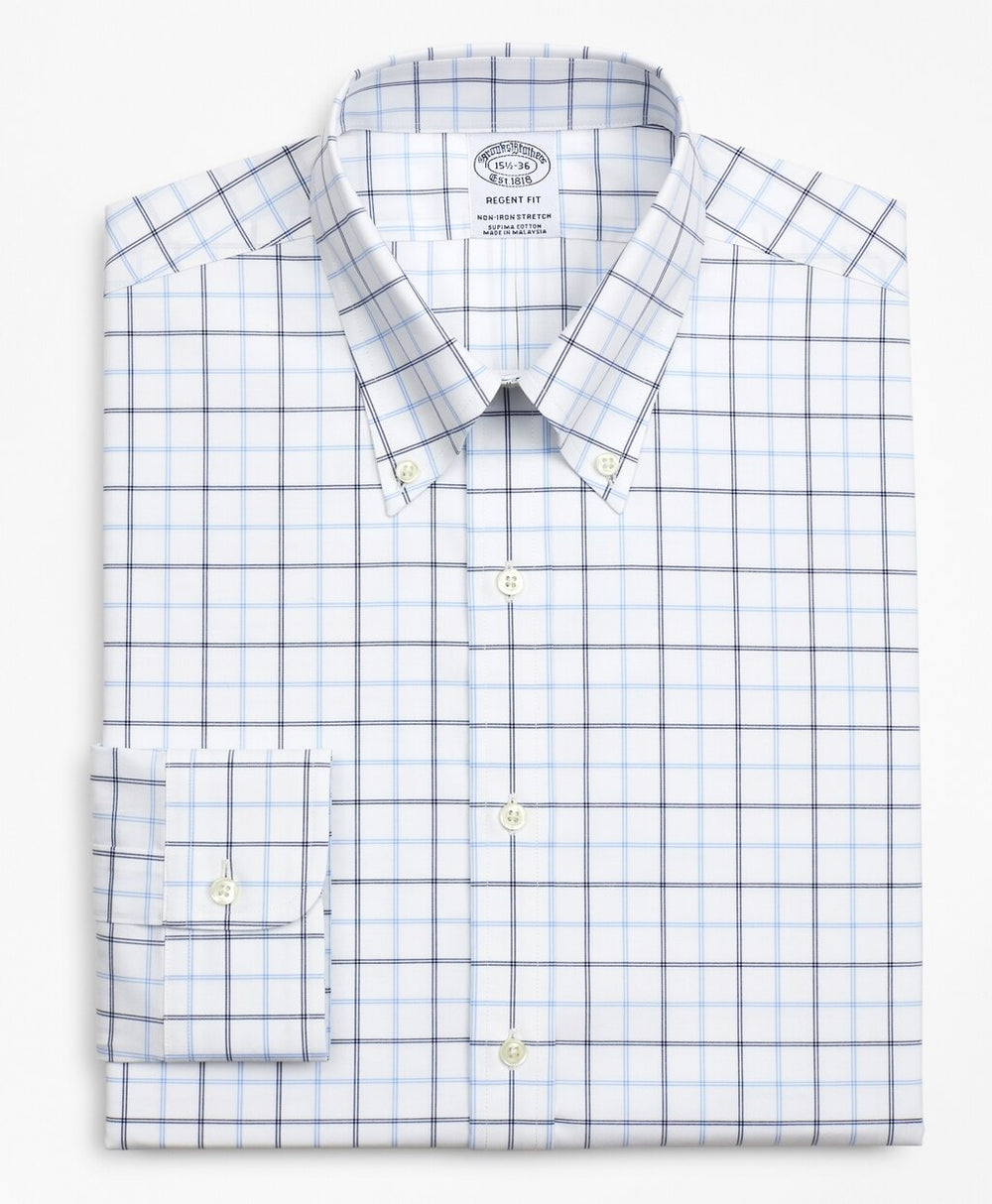 Brooks Brothers Men Stretch Regent Fitted Dress Shirt, Non-Iron Poplin Button-Down Collar Double-Grid Check