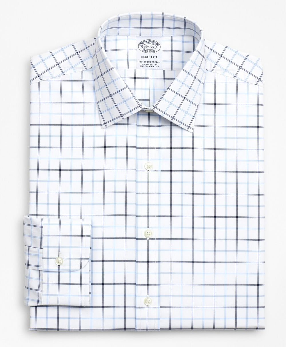 Brooks Brothers Men Stretch Regent Fitted Dress Shirt, Non-Iron Poplin Ainsley Collar Double-Grid Check