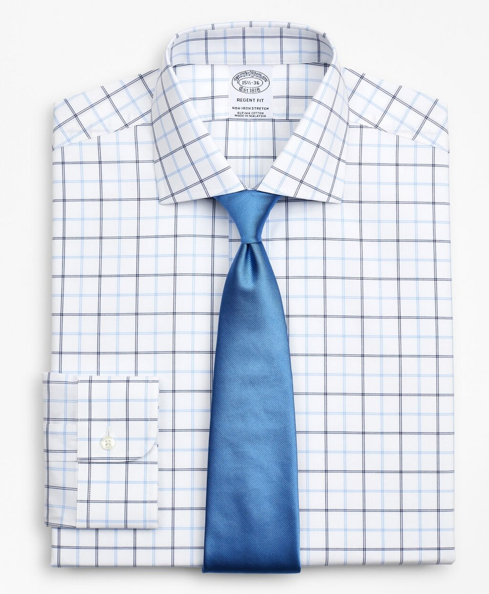 Brooks Brothers Men Stretch Regent Fitted Dress Shirt, Non-Iron Poplin English Collar Double-Grid Check