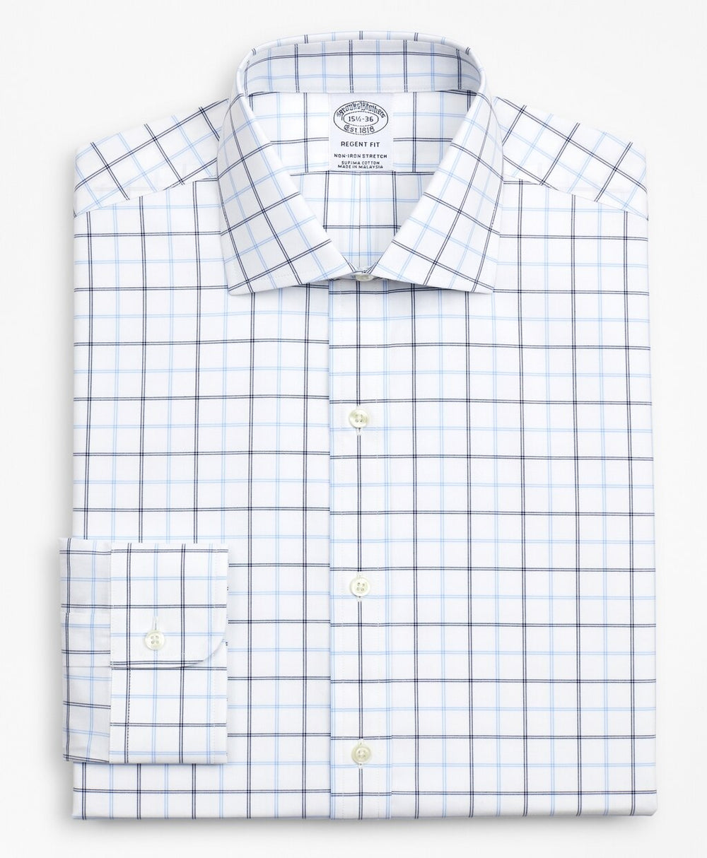 Brooks Brothers Men Stretch Regent Fitted Dress Shirt, Non-Iron Poplin English Collar Double-Grid Check
