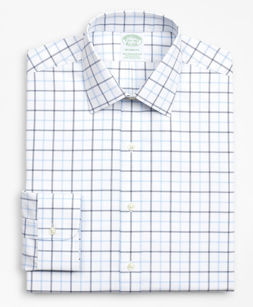 Brooks Brothers Men Stretch Milano Slim-Fit Dress Shirt, Non-Iron Poplin Ainsley Collar Double-Grid Check