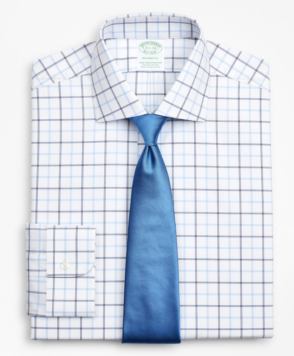 Brooks Brothers Men Stretch Milano Slim-Fit Dress Shirt, Non-Iron Poplin English Collar Double-Grid Check