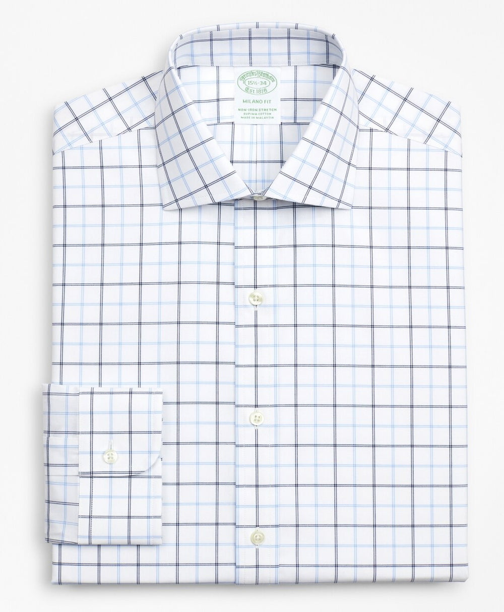 Brooks Brothers Men Stretch Milano Slim-Fit Dress Shirt, Non-Iron Poplin English Collar Double-Grid Check