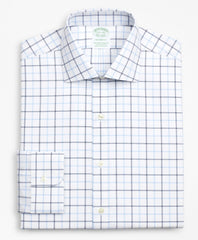 Brooks Brothers Men Stretch Milano Slim-Fit Dress Shirt, Non-Iron Poplin English Collar Double-Grid Check