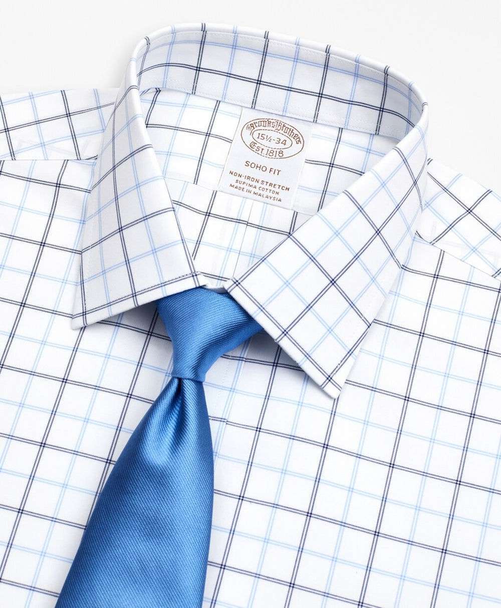 Brooks Brothers Men Stretch Soho Extra-Slim-Fit Dress Shirt, Non-Iron Poplin Ainsley Collar Double-Grid Check