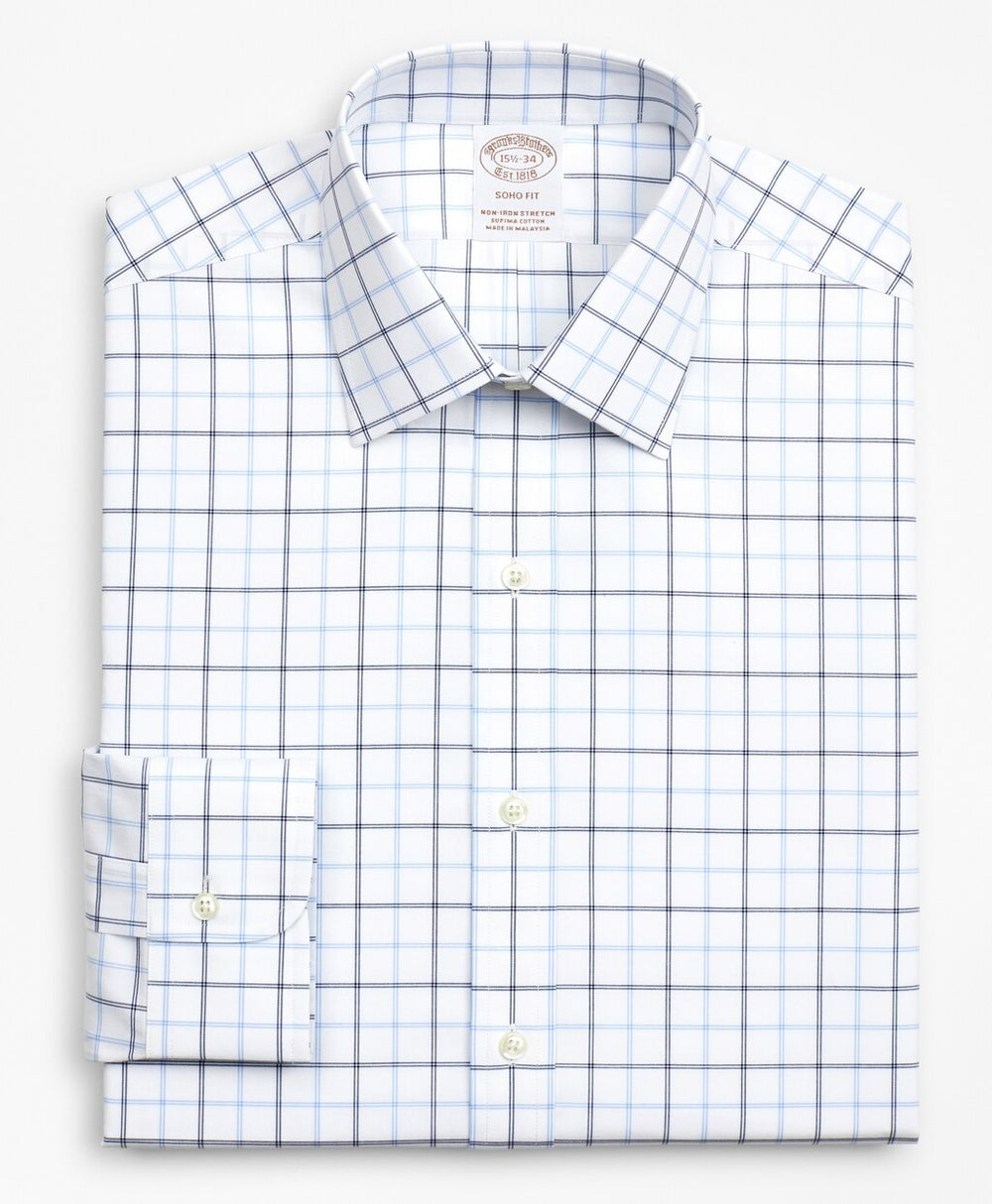 Brooks Brothers Men Stretch Soho Extra-Slim-Fit Dress Shirt, Non-Iron Poplin Ainsley Collar Double-Grid Check