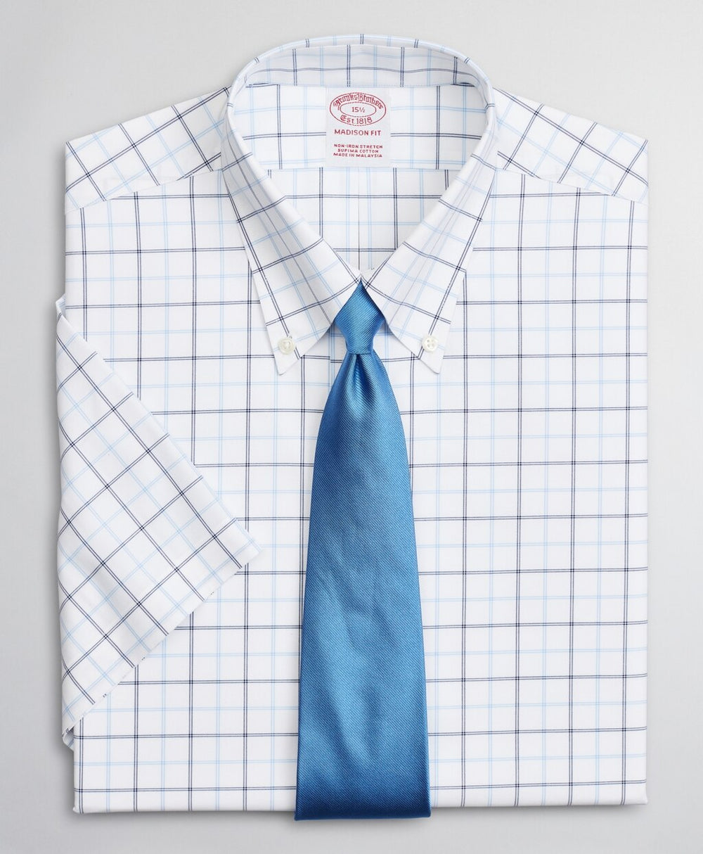 Brooks Brothers Men Stretch Madison Classic-Fit Dress Shirt, Non-Iron Twill Short-Sleeve Double-Grid Checkk
