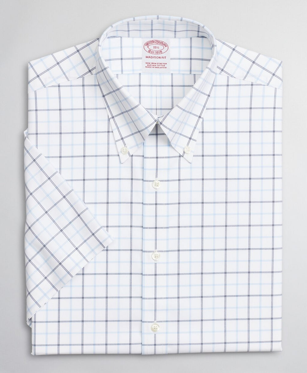Brooks Brothers Men Stretch Madison Classic-Fit Dress Shirt, Non-Iron Twill Short-Sleeve Double-Grid Checkk