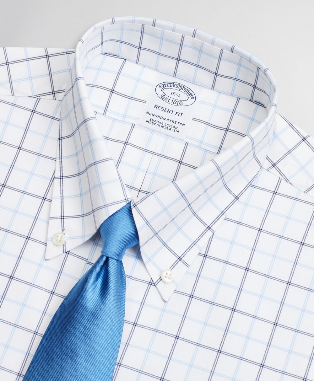 Brooks Brothers Men Stretch Regent Fitted Dress Shirt, Non-Iron Twill Short-Sleeve Double-Grid Check