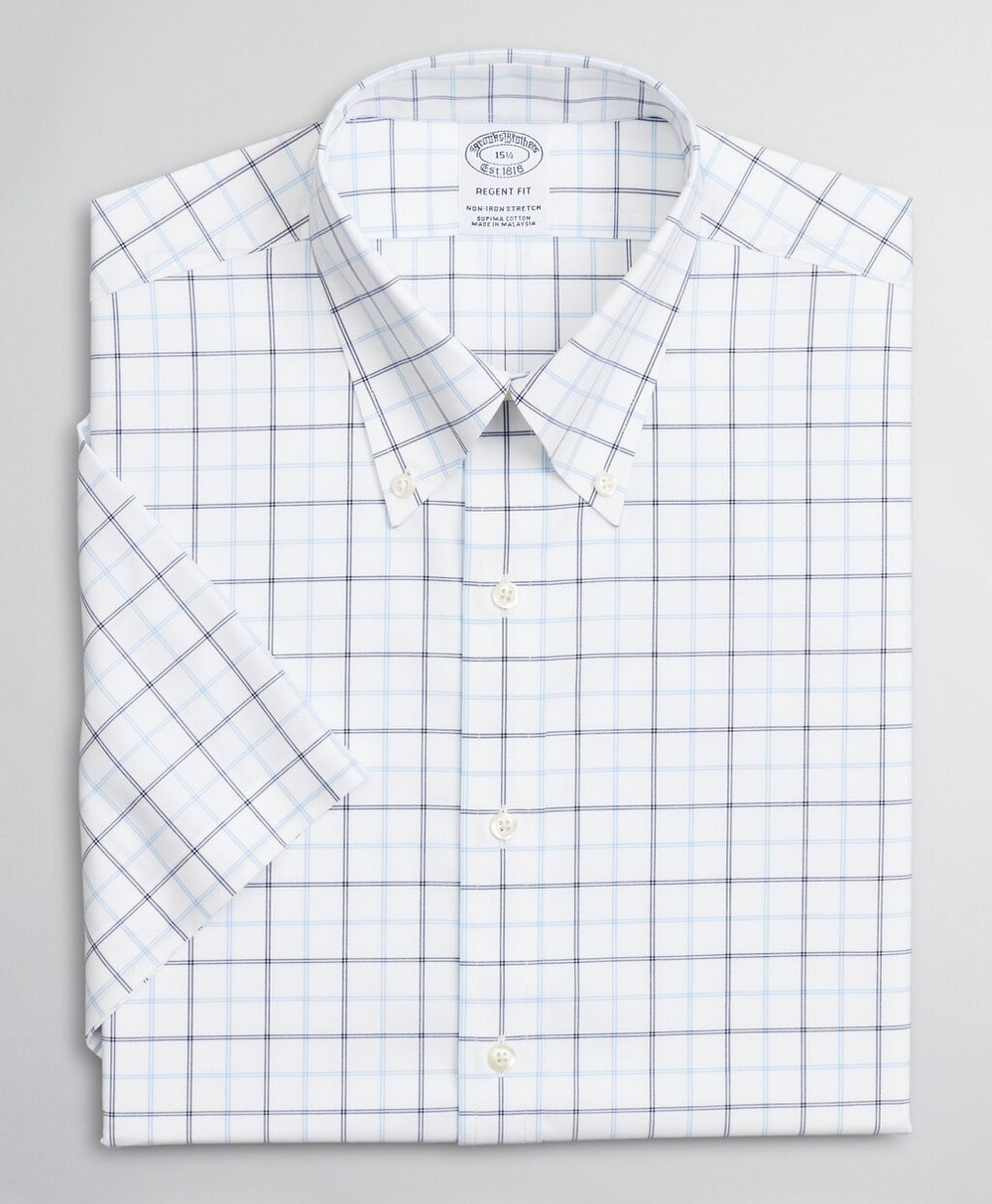 Brooks Brothers Men Stretch Regent Fitted Dress Shirt, Non-Iron Twill Short-Sleeve Double-Grid Check