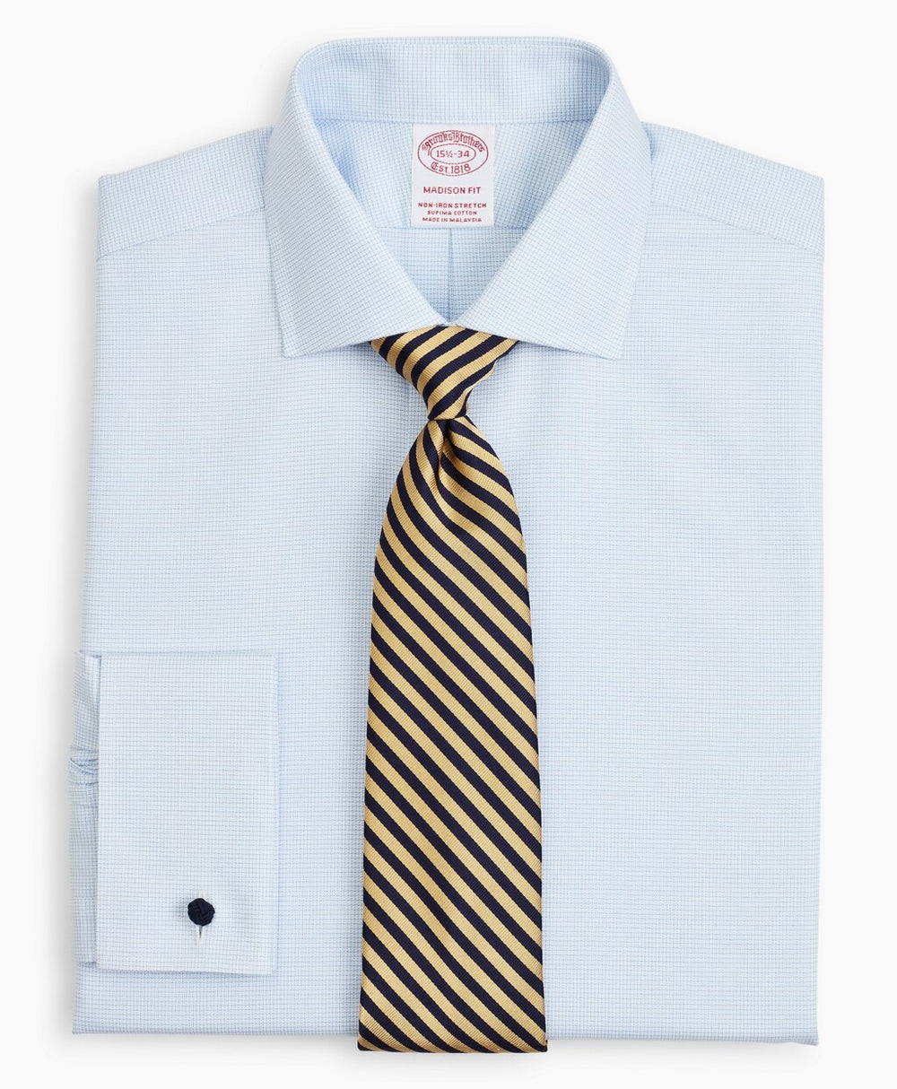 Brooks Brothers Men Stretch Madison Classic-Fit Dress Shirt, Non-Iron Twill English Collar French Cuff Micro-Check