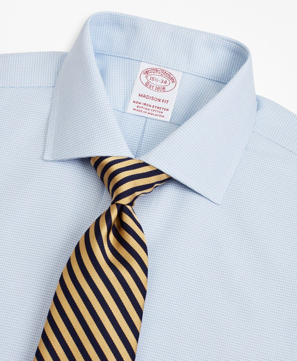 Brooks Brothers Men Stretch Madison Classic-Fit Dress Shirt, Non-Iron Twill English Collar French Cuff Micro-Check