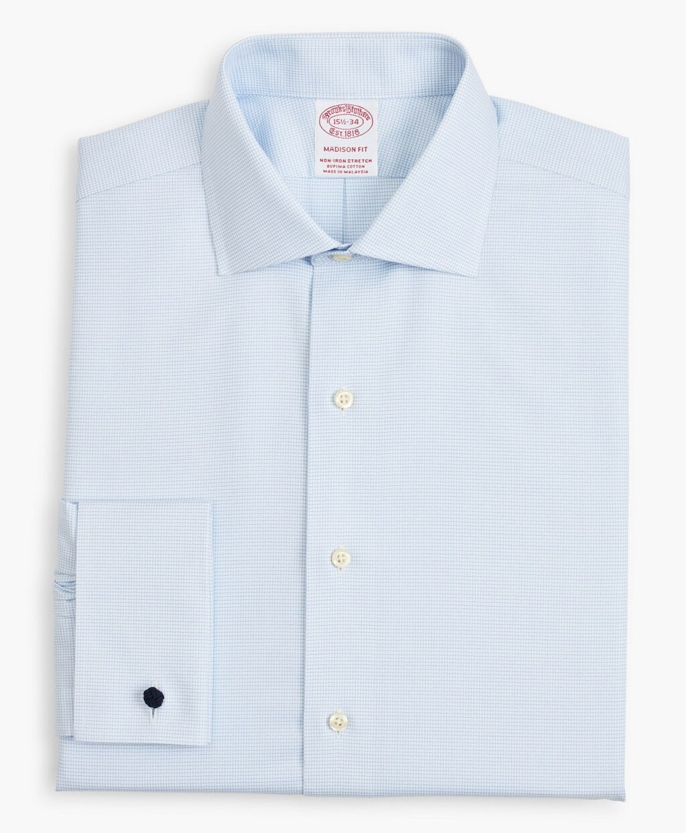 Brooks Brothers Men Stretch Madison Classic-Fit Dress Shirt, Non-Iron Twill English Collar French Cuff Micro-Check