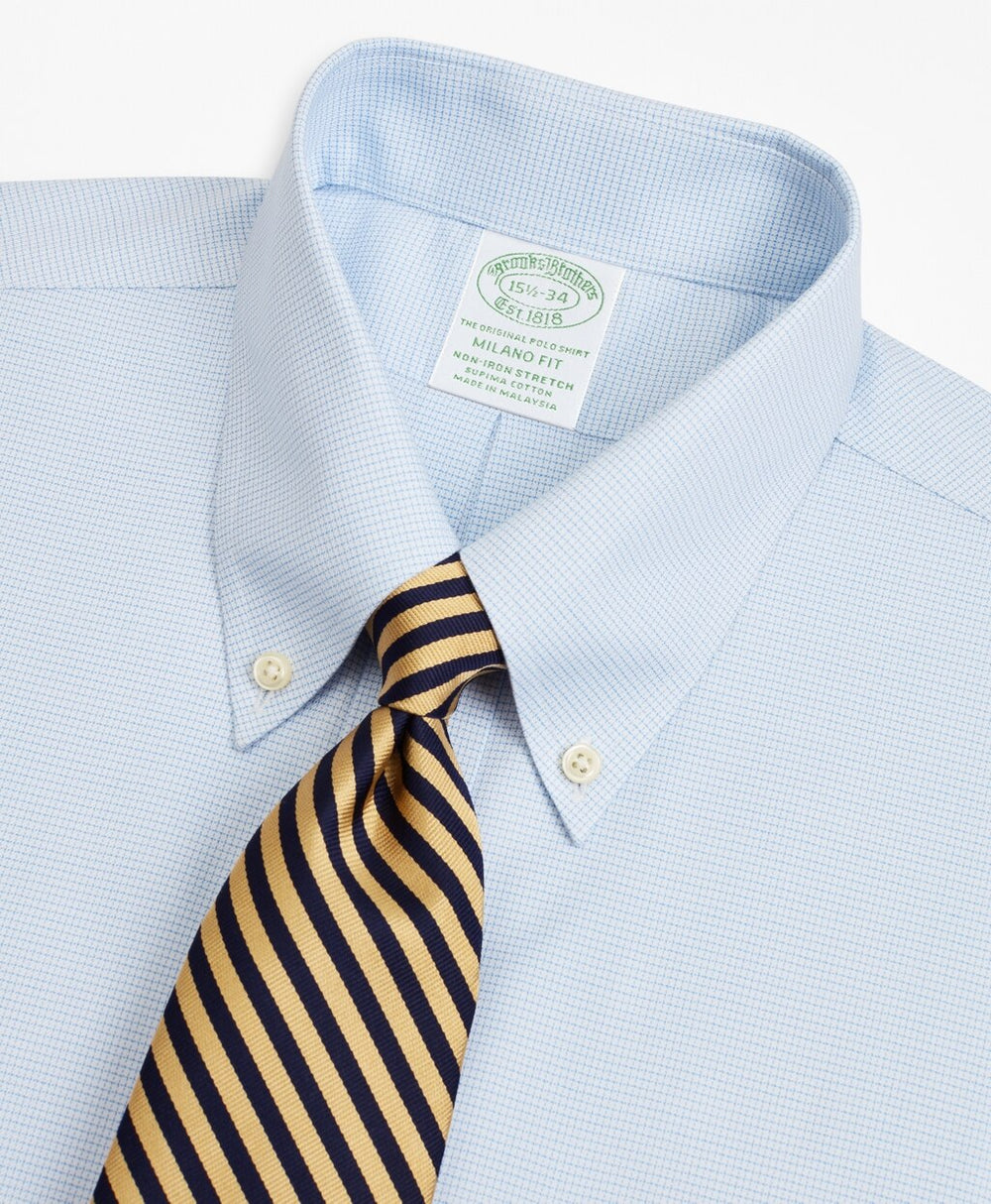 Brooks Brothers Men Stretch Milano Slim-Fit Dress Shirt, Non-Iron Twill Button-Down Collar Micro-Check